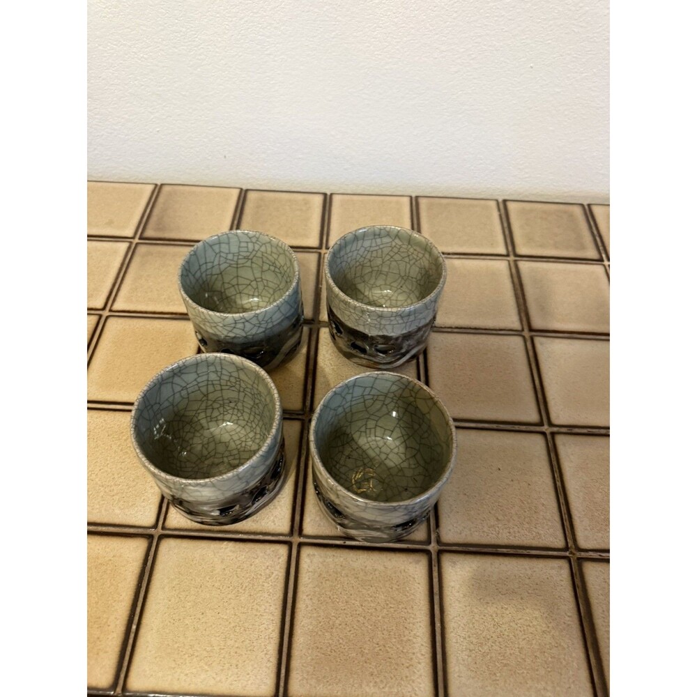 Vintage Japanese Soma-yaki Yunomi Tea Cups Set 4 Celadon Crackle Double Wall